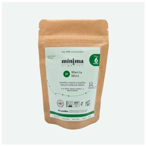 M&iacute;nima Organics Mint Fluorid-Zahnpastatabletten, Nachf&uuml;llbeutel, 360 St&uuml;ck